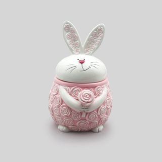 Πασχαλινό κεραμικό Kουτί Rabbit with roses 15.5x14.3x23 εκ. ροζ-λευκό  Διακοσμητικά κουτιά-Αυγοθήκες