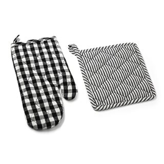Set kitchen Glove and Pot holder checkered-stripes black  Oven Mitts & Potholders