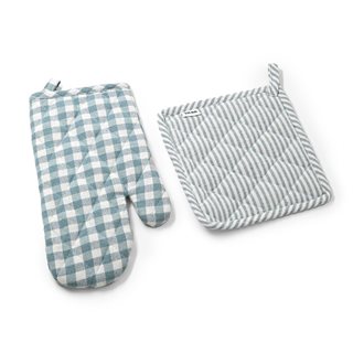 Set kitchen Glove and Pot holder checkered-stripes blue  Oven Mitts & Potholders