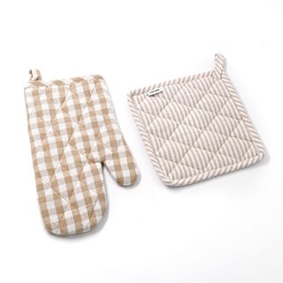 Set kitchen Glove and Pot holder checkered-stripes beige  Oven Mitts & Potholders