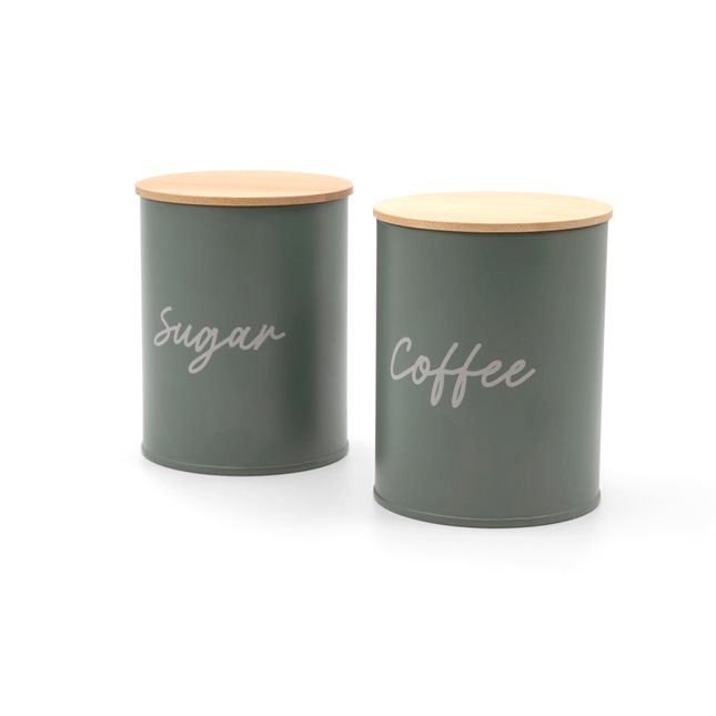 Set of 2 metal Storage boxes Coffee-Sugar petrol with bamboo lid 700 ml