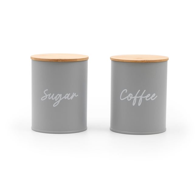 Σετ 2 μεταλλικά Κουτιά αποθήκευσης Coffee-Sugar γκρι με μπαμπού καπάκι 700 μλ.