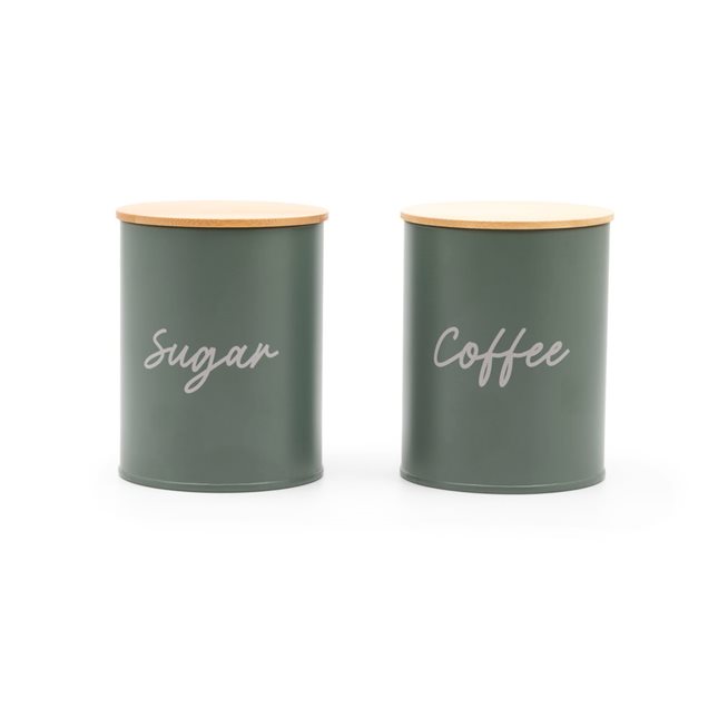 Set of 2 metal Storage boxes Coffee-Sugar petrol with bamboo lid 700 ml