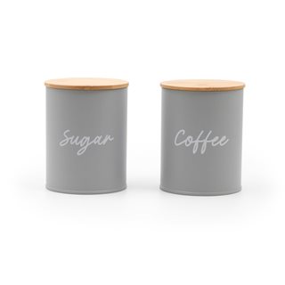 Σετ 2 μεταλλικά Κουτιά αποθήκευσης Coffee-Sugar γκρι με μπαμπού καπάκι 700 μλ.  Δοχεία αποθήκευσης